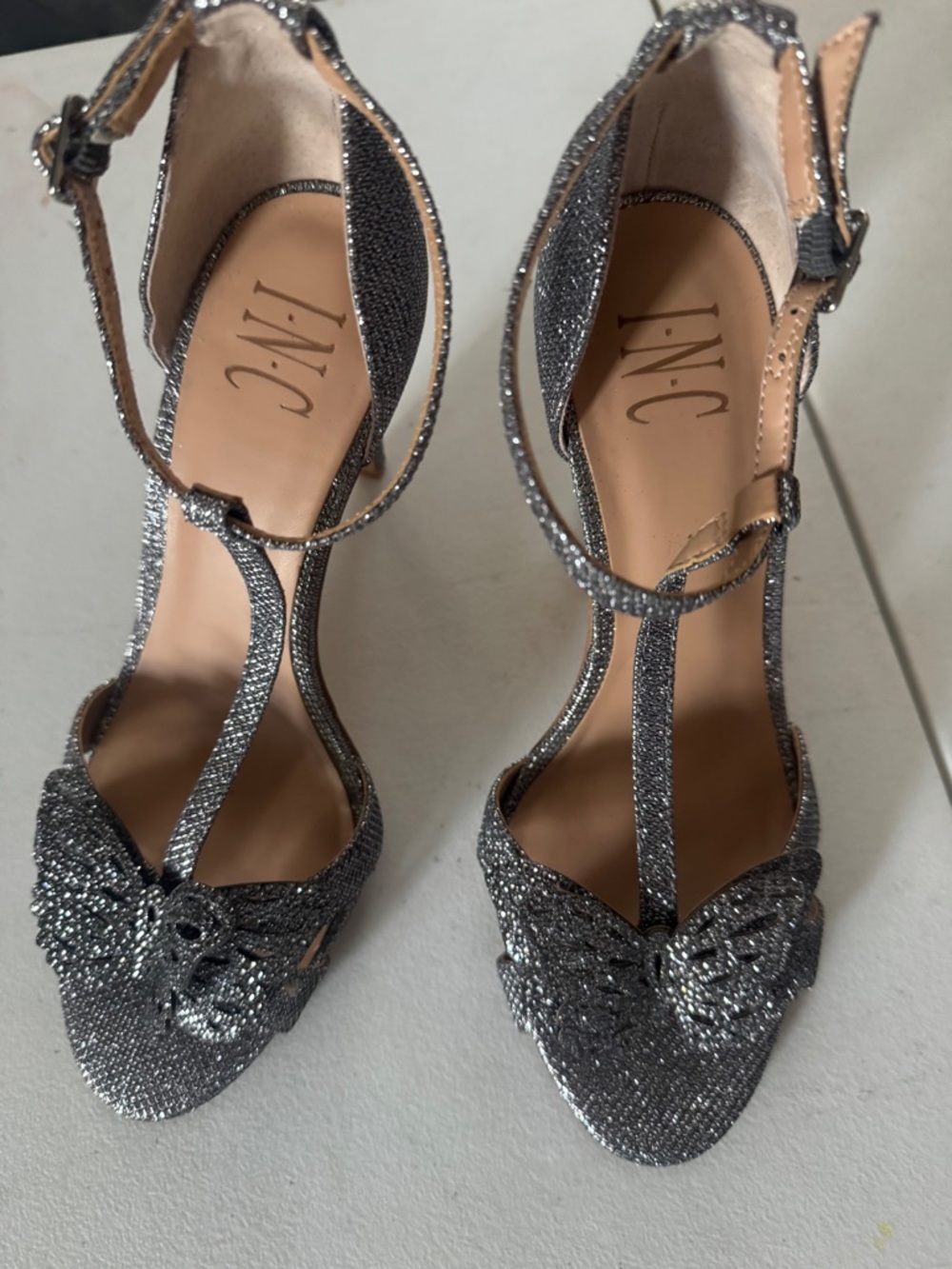 INC International Concepts Silver T-Strap Glitter Heels with 3D butterfly